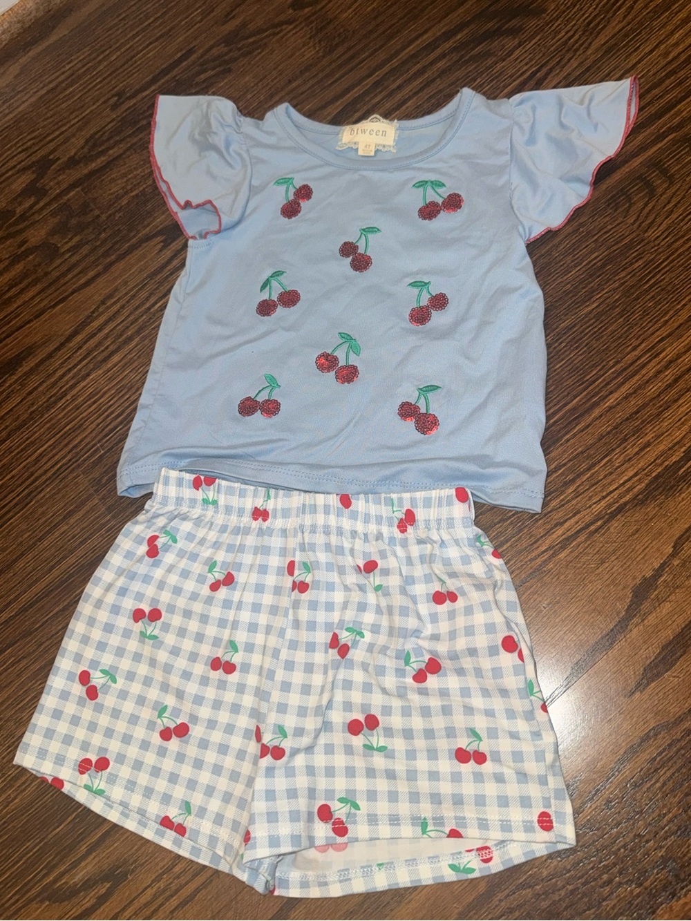 btween Light Blue Cherry Print Girls' Outfit